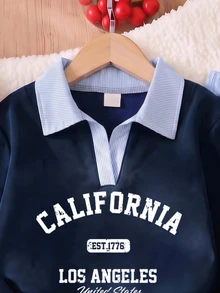 少女 2件套 時尚休閒學院風 字母印花條紋翻領 V 領長袖衛衣 寬腿褲 柔軟面料 適合聖誕出遊 返校季 秋冬 - 彩色 - 查看 5