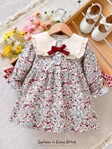 SHEIN 嬰兒幼兒秋季休閒可愛碎花度假洋裝，蝴蝶結裝飾蓬鬆裙擺 - 彩色 - 查看 8