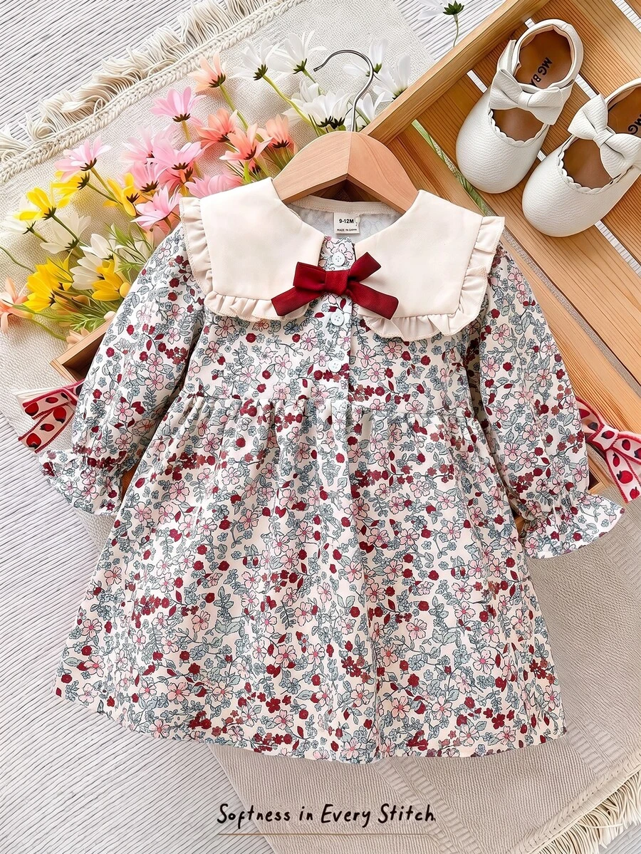SHEIN 嬰兒幼兒秋季休閒可愛碎花度假洋裝,蝴蝶結裝飾蓬鬆裙擺 - 彩色 - 查看 1