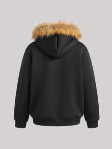 SHEIN جاكيت كارديجان بغطاء رأس فرو كاجوال للفتيات المراهقات، ديكور أطفال، أسود سادة، خريف/شتاء - الأسود - مشاهدة 5