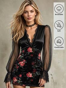 Linavere Women's Spring/Autumn Deep V-Neck Lace Patchwork Black Dress, Sexy Slim Fit Flattering, Rose Print Velvet Body, Suitable For Dates, Parties And Evening Events - Multicolor - View 3