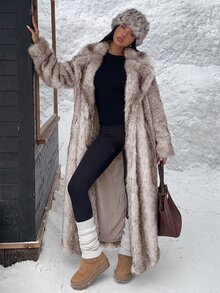 SHEIN EZwear Women's New Brown Long Faux Fur Collar Coat, Winter - Beige - View 6