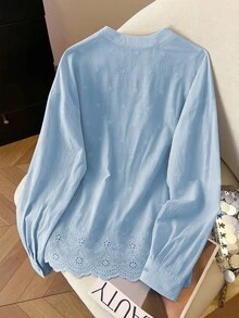 Franclia Fashionable Autumn Daily Casual Versatile Solid Color Embroidered Traceable Pure Cotton Fabric Chest Pocket Minimalist Design Loose Fit Pullover Women's Shirt - Blue - View 2