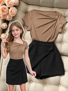 SHEIN Tween Girls 2pcs/Set Children's Korean Version Open Shoulder Short Sleeved Top With Front Slit High Back To School, Summer, Casual - Brown - View 5