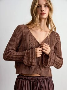 Willow Rêve Women's Brown Open Front Jacquard Knit Cardigan With Bell Sleeves - Rust Brown - View 6