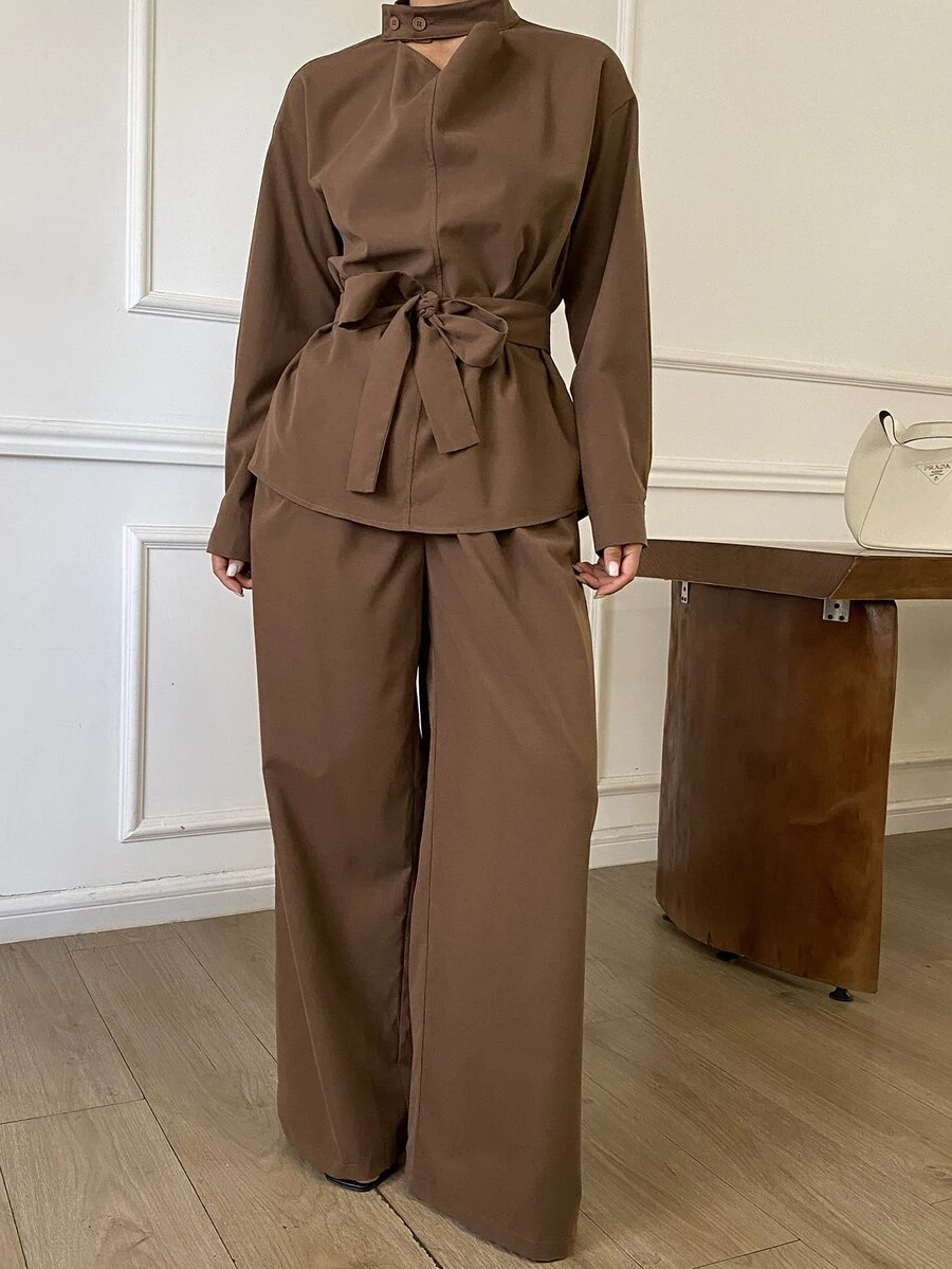Livesso Women's Solid Color Knot Waist Long Sleeve Top And Pants Casual Daily 2 Pieces Set - Coffee Brown - View 1