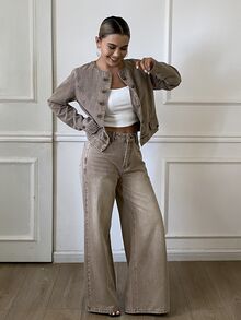 DAZY Women's Long Sleeve Single-Breasted Jacket And Wide Leg Pants Casual Denim Set - Brown - View 5