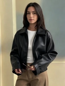 青少年女孩長袖抓絨秋季衣物 寬鬆休閒人造皮革夾克，標準版型，秋冬夾克 - 黑色 - 查看 1