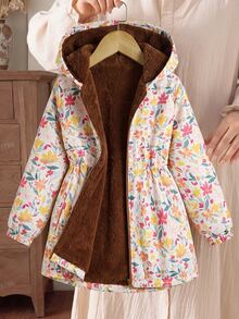 SHEIN Tween Girl 兒童冬季棕色碎花保暖內裡拉鍊外套，彈性腰圍附帽，加厚休閒通勤秋冬外穿外套 - 棕色 - 查看 1
