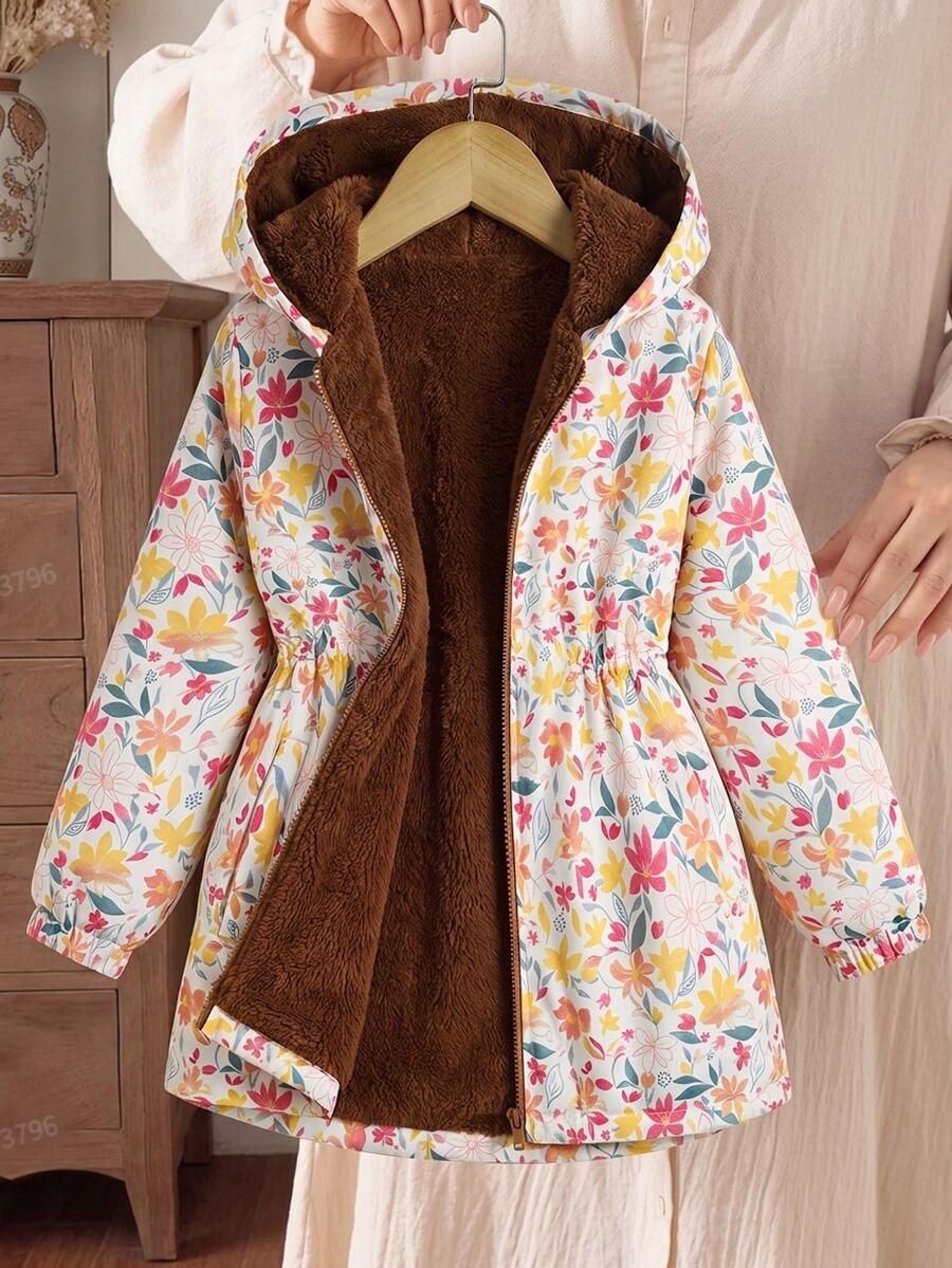 SHEIN Tween Girl 兒童冬季棕色碎花保暖內裡拉鍊外套,彈性腰圍附帽,加厚休閒通勤秋冬外穿外套 - 棕色 - 查看 1
