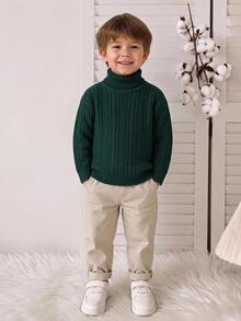 Boys' High Neck Sweater, Autumn/Winter, Vintage Dark Green Cable Knit Thick Sweater. Classic Cable Knit Pattern, Strong Texture, Vintage And Timeless. High Neck Design, Suitable For Layering/Wearing Alone In Autumn/Winter. - Dark Green - View 1