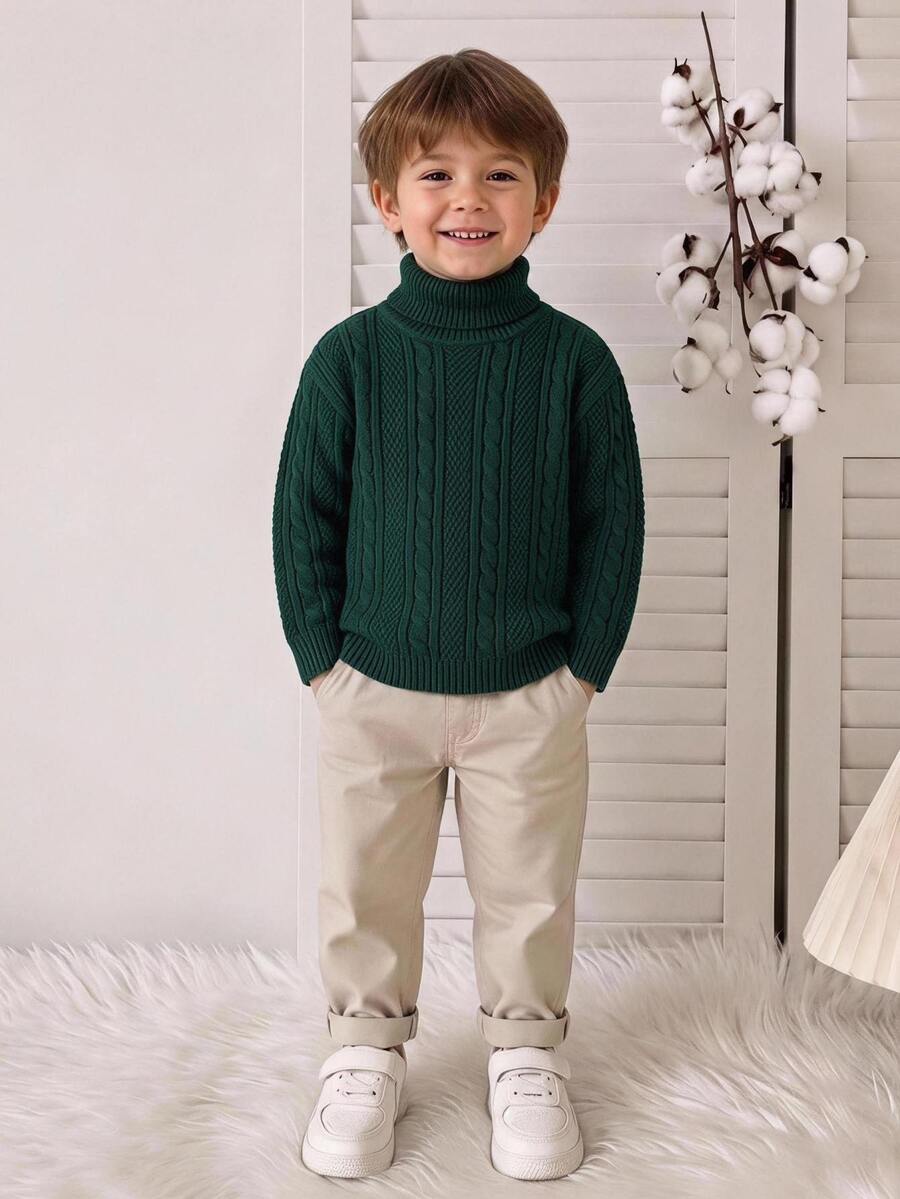 Boys' High Neck Sweater, Autumn/Winter, Vintage Dark Green Cable Knit Thick Sweater. Classic Cable Knit Pattern, Strong Texture, Vintage And Timeless. High Neck Design, Suitable For Layering/Wearing Alone In Autumn/Winter. - Dark Green - View 1