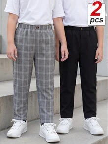 SHEIN 小男孩休閒純色長褲，單鈕扣裝飾斜口袋彈性腰頭設計，適合夏季、開學季、日常穿著與校園穿搭 - 彩色 - 查看 1