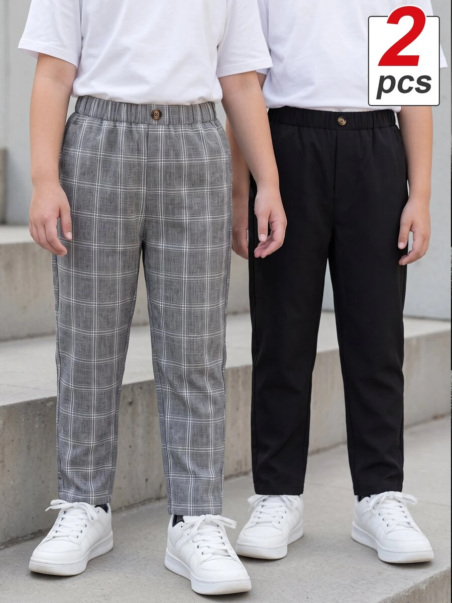 SHEIN 小男孩休閒純色長褲,單鈕扣裝飾斜口袋彈性腰頭設計,適合夏季、開學季、日常穿著與校園穿搭 - 彩色 - 查看 1
