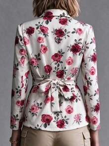 Vavine Rose Print Long Sleeve Lapel Tie Waist Blazer Jacket For Women - Multicolor - View 2