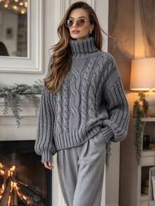 SHEIN Women's Loose High Neck Long Sleeve Cable Knit Sweater, Dark Grey, Slouchy, Autumn/Winter Outerwear - Grey - View 5