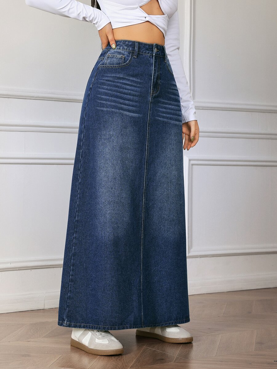 Flexra Women's Casual Daily Denim Skirt With Pockets And Buttons - Dark Wash - View 1