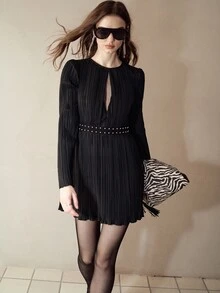 MOTF PREMIUM RIVET DECORATED PLEATED LONG SLEEVE SHORT DRESS - Black - View 4