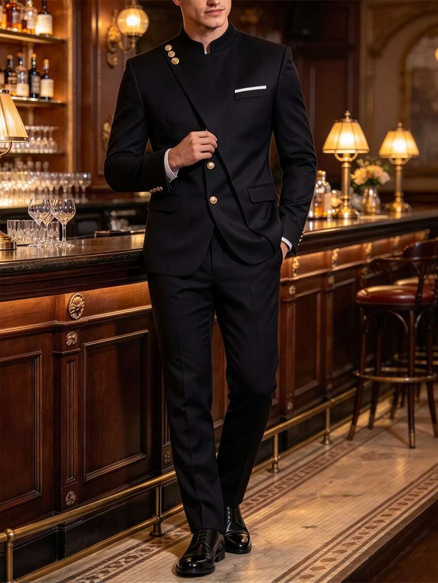 Manfinity Bizformal 男士奢華立領西裝套裝,時尚立領設計,適合日常工作、商務、派對與活動 - 黑色 - 查看 1