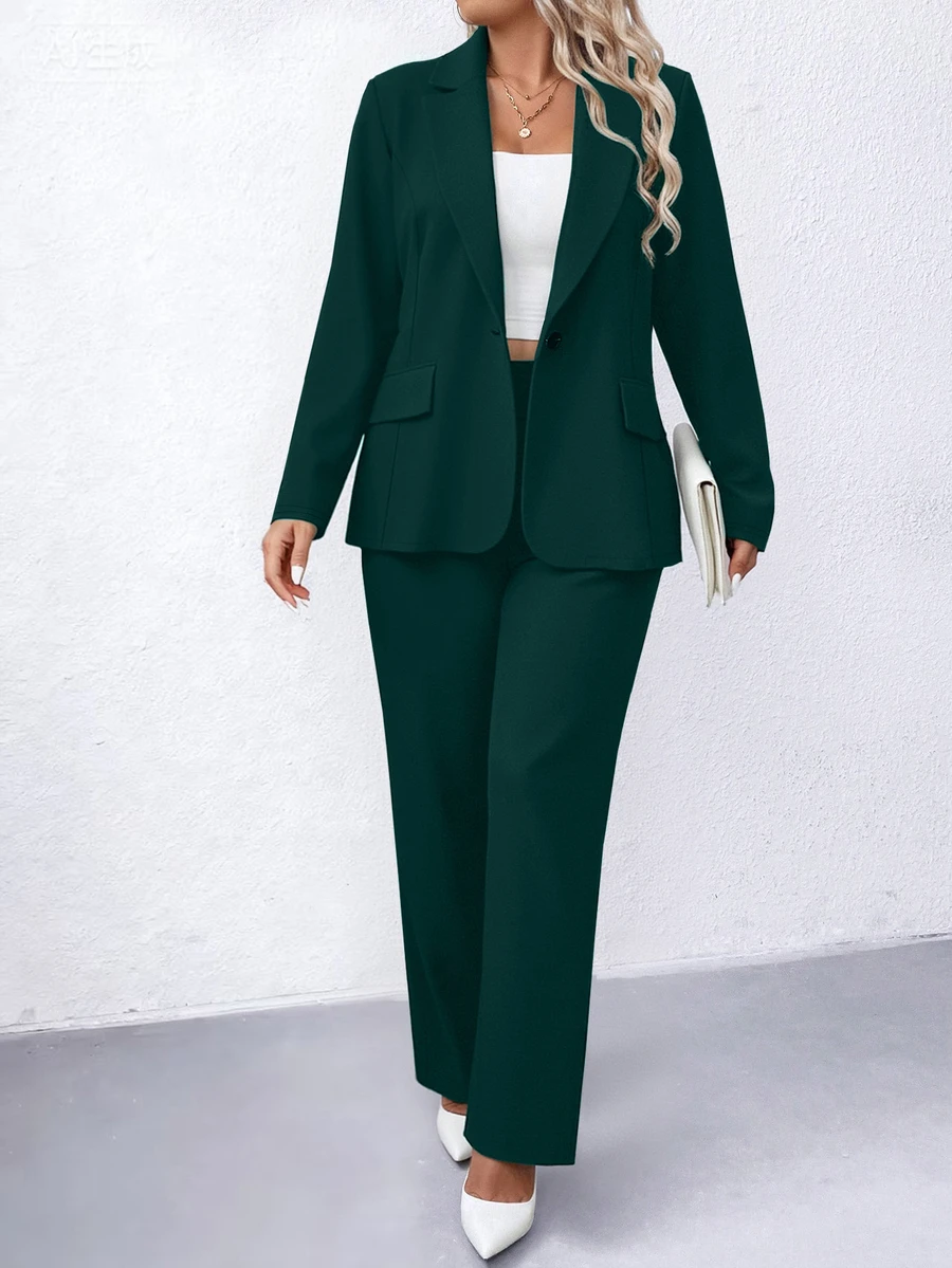 Elenzga Plus Size Solid Color Formal Suit Jacket & Pants Set - Green - View 1