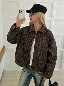 Livesso Women's Leopard Print Loose Casual Denim Jacket - Coffee Brown - View 6