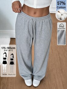 SHEIN Tall 舒適休閒純色針織寬腿女款運動長褲，棉混紡，舒適 - 灰色 - 查看 1