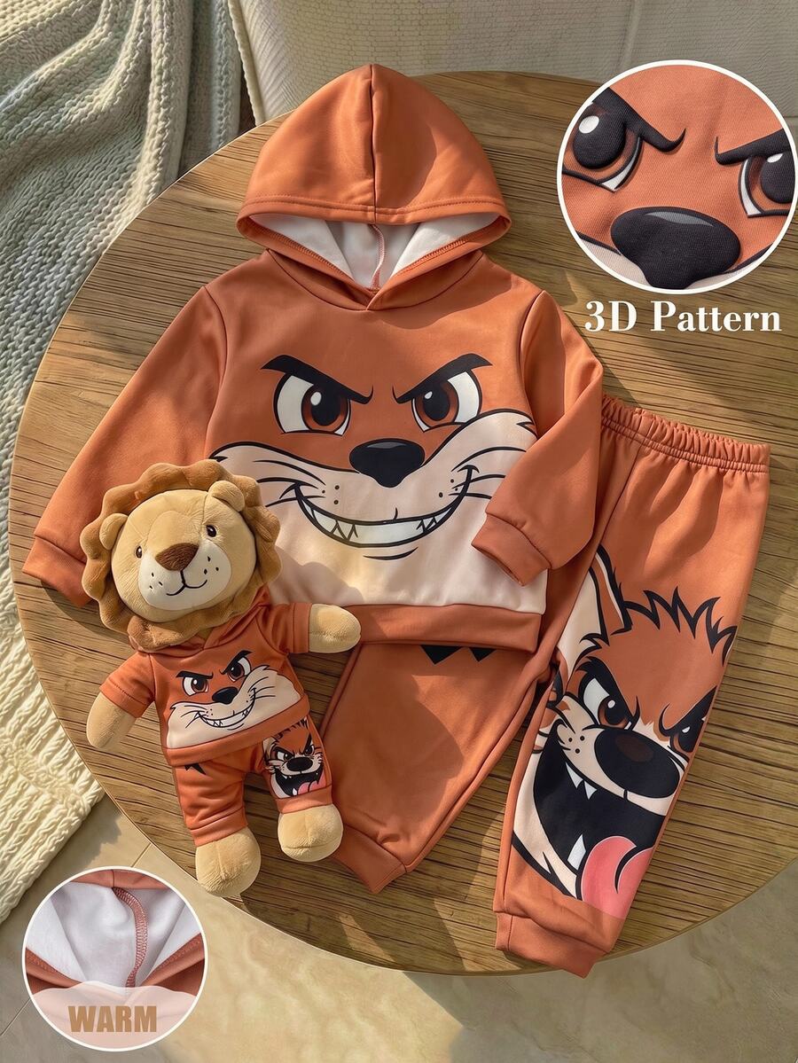 LMoss Kids Baby Boy Knit Cartoon Pattern Hooded Loose Casual Sweatshirt & Long Pants 2 Pieces Set - Multicolor - View 1