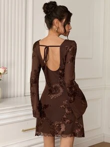 EastFlair Women's French Style Long Sleeve Embroidered Dress For Vacation - Mocha Brown - View 2