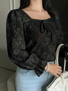 Dazy Plus Bowknot Decor Lace Puff Short Sleeve Elegant Versatile Spring Summer Apricot T-Shirt Fall - Black - View 4