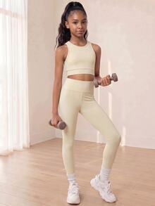 SHEIN مجموعة 3 قطع للفتيات المراهقات، كاميسول + بنطال ضيق + تي شيرت بأكمام طويلة، أنماط ارتداء متعددة، مناسبة لمختلف المناسبات ودرجات الحرارة، سهلة التنسيق والمطابقة - بيج - مشاهدة 5