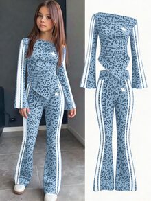 Tween Girls T-Shirt Set Casual Minimalist Leopard Print Suitable For All Seasons - White - View 1