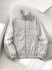 SHEIN Tween女孩秋冬休閒街頭時尚酷感抓絨內裡針織豹紋織帶裝飾立領拉鍊外套，附口袋，適合返校與日常穿著 - 淺灰色 - 查看 2