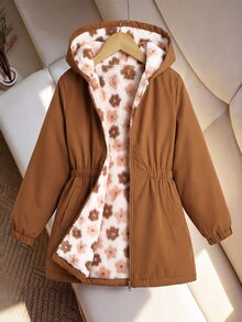 SHEIN Tween女孩兒童冬季棕色花卉保暖內裡拉鍊連帽外套，彈性腰頭，加厚休閒通勤秋冬外套 - 棕色 - 查看 3
