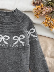 Young Girl Bow Pattern Raglan Long Sleeve Casual Knit Dress - Grey - View 5
