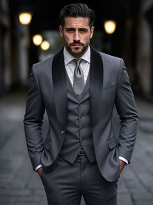 Manfinity Mode Setelan Jas Pria Kerah Syal Warna Polos dengan Kancing Depan, Blazer dan Celana Panjang, Gaya Klasik, Formal, Upacara - Dark Grey - View 7
