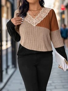 SHEIN Kaos Ukuran Besar dengan Kombinasi Warna untuk Musim Semi dan Gugur, Atasan Wanita Bergambar - MultiWarna - View 7