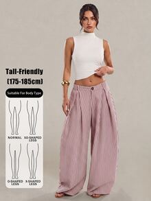 SHEIN Tall 藍白條紋寬腿長褲，適合高個女性，時尚休閒，適用於工作、度假與日常，秋季款 - 酒紅色 - 查看 1
