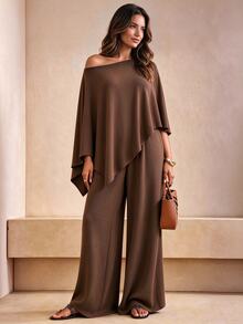 Weeklong Plus Size Elegant Off Shoulder Cape Knit Two Pieces Set, Asymmetric Top & Wide Leg Pants - Brown - View 1