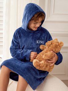 SHEIN 青少年男孩秋冬款精緻Logo圖案 KING Little King 標誌圖案連帽長袖袋鼠口袋抓絨長款睡褲 - 彩色 - 查看 3