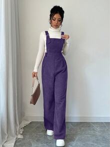 Elenzga Jumpsuit Tanpa Lengan dengan Tali Tebal Warna Polos untuk Wanita, Bahan Korduroi, Musim Gugur/Dingin - Purple - View 3