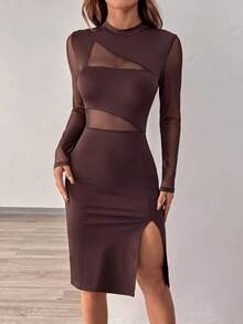 Glamine Gaun Hitam Wanita dengan Detail Belahan di Bagian Bawah dan Motif Jala Berongga - Coklat - View 1
