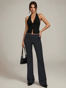 SHEIN Tall 時尚百搭純色低腰長褲 - 深灰色 - 查看 6