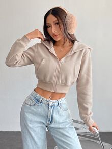 SHEIN PETITE 女款純色前拉鍊長袖口袋極簡連帽外套，休閒日常穿著，畢業季長袖上衣，秋冬返校穿搭，畢業季女裝，教師專業服飾，秋冬返校服飾 - 卡其色 - 查看 3