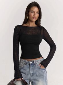 SHEIN BAE تي شيرت نسائي مثير بأسلوب الشارع من الشبك 2 في 1 بأكمام طويلة - الأسود - مشاهدة 4