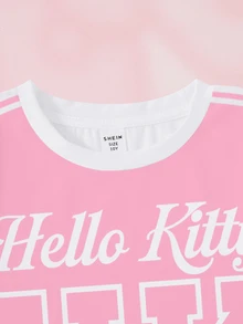 HELLO KITTY AND FRIENDS | SHEIN تي شيرت مخطط بطباعة إنجليزية للفتيات المراهقات، متعدد الاستخدامات للارتداء اليومي - أبيض - مشاهدة 3