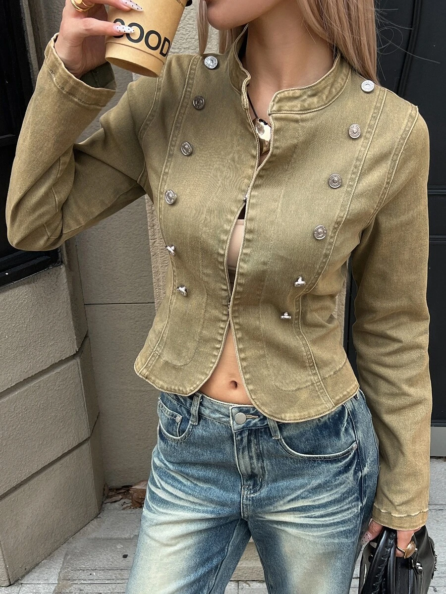 Livesso Women's Long Sleeve Double-Breasted Button Design Casual Denim Jacket - Khaki - View 1