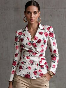 Vavine Rose Print Long Sleeve Lapel Tie Waist Blazer Jacket For Women - Multicolor - View 1