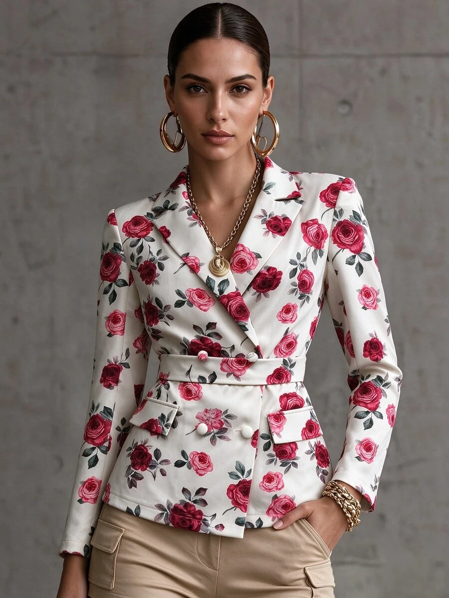 Vavine Rose Print Long Sleeve Lapel Tie Waist Blazer Jacket For Women - Multicolor - View 1
