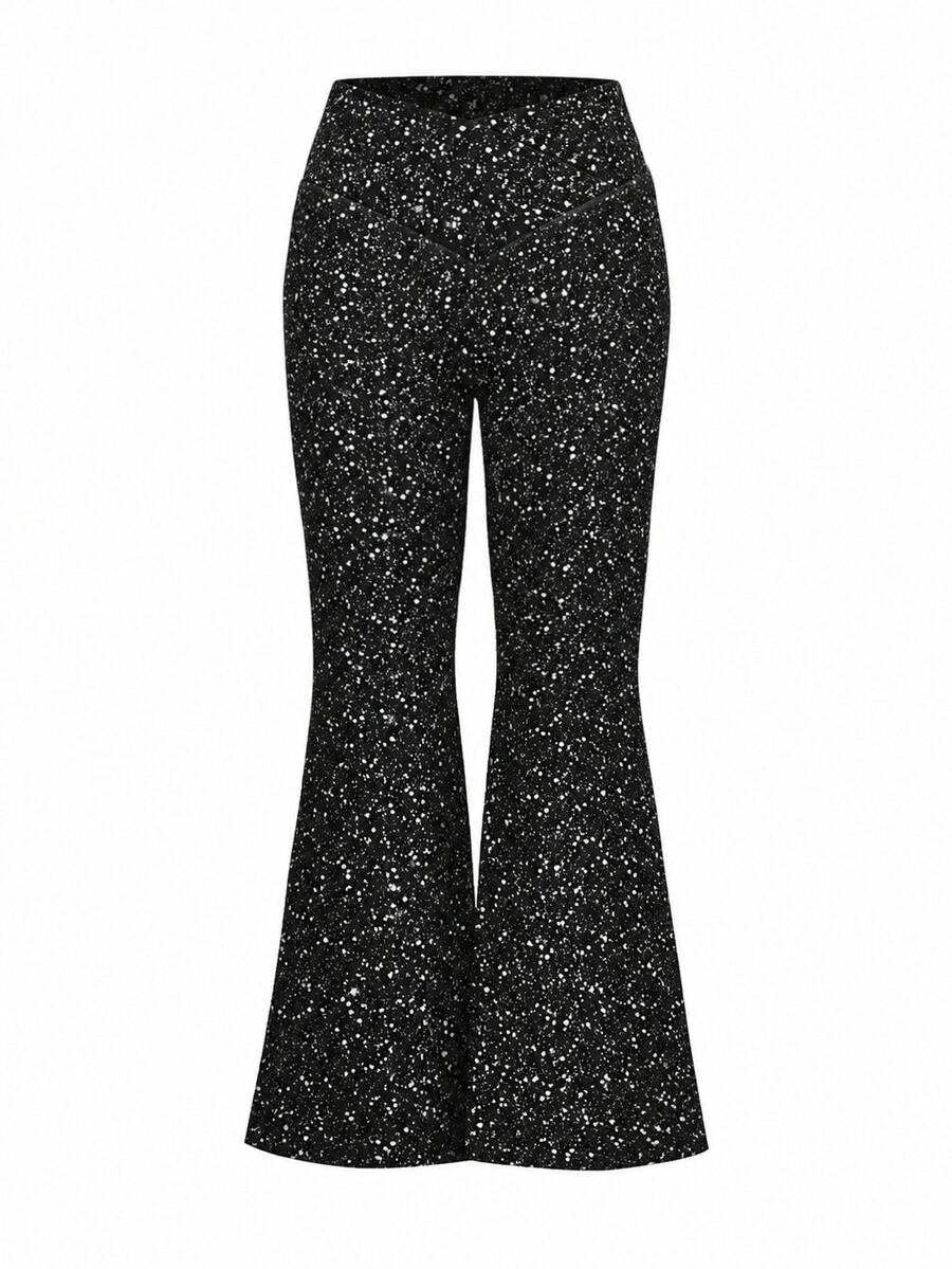 SHEIN LUNE CURVE Plus Size Sequin Flared Pants, Elegant Style For Bar And Music Festival - Black - View 1