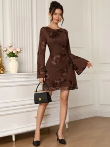 EastFlair Women's French Style Long Sleeve Embroidered Dress For Vacation - Mocha Brown - View 5
